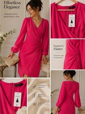 Zesica Women’s Fuchsia Long Sleeve Wrap Dress